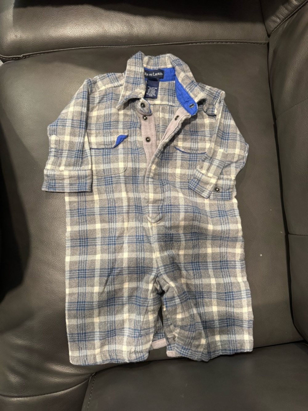 Ralph Lauren Blue & Gray Plaid Baby Romper Onesie Flannel 3-6Months